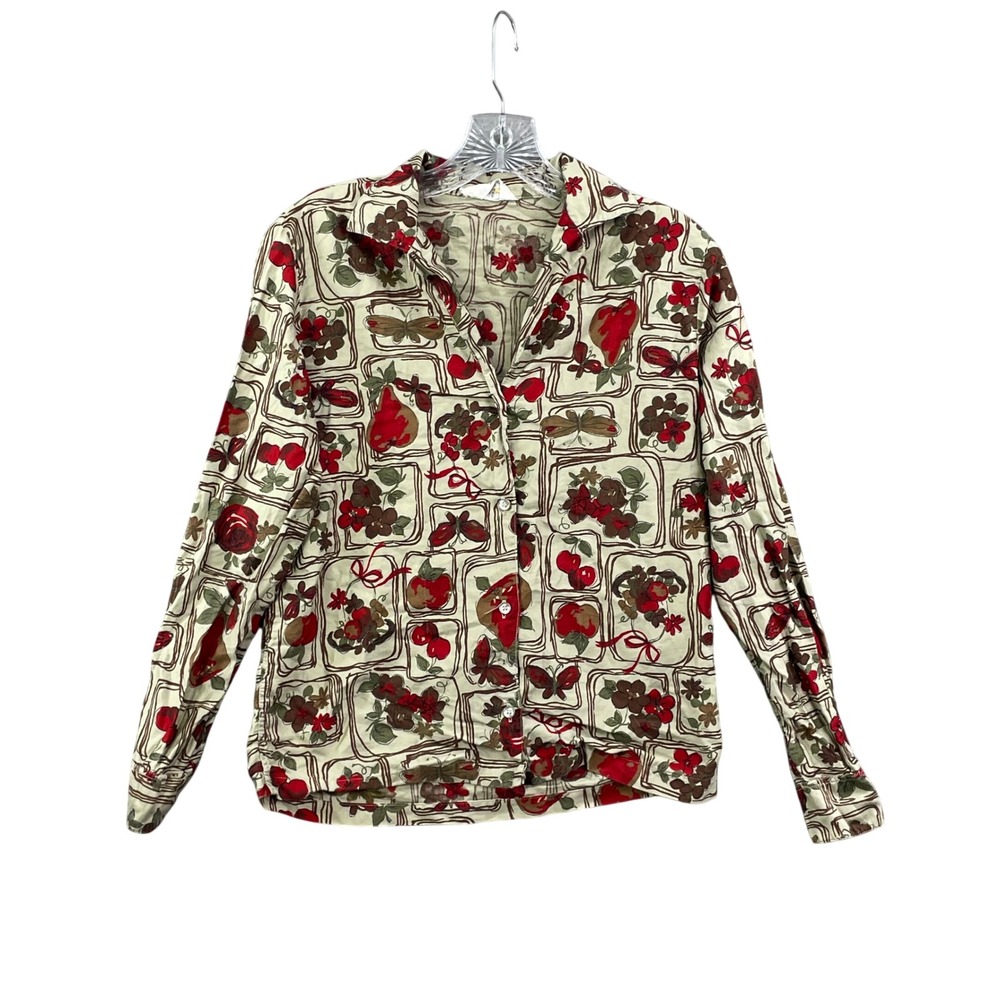 Sears Fashion Button Up Blouse Womens M Multicolor Fruit Butterfly Vintage 70s